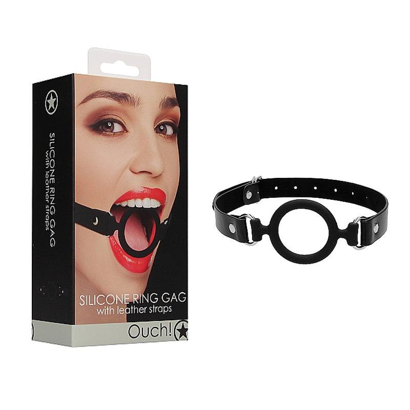 Silicone Ring Gag w/ Leather Straps Blk -