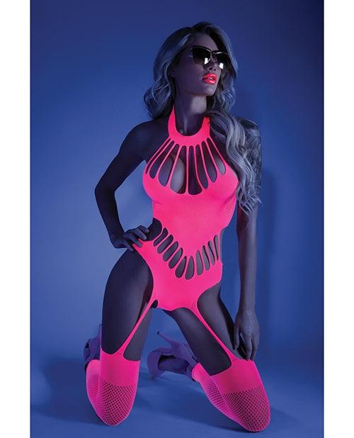 Glow Black Light Footless Teddy Bodystocking Neon Pink O/S -