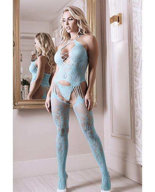 Sheer Fantasy Halter Neck Floral Lace Gartered Bodystocking & Panty Light Blue O/S -