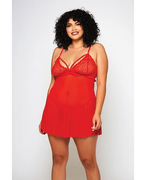 Galloon Lace & Fine Mesh Babydoll & G-String Red 1X -