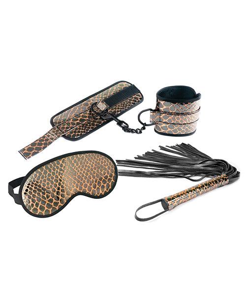 Spartacus Faux Leather Wrist Restraints Blindfold & Flogger Bondage Kit - Gold -