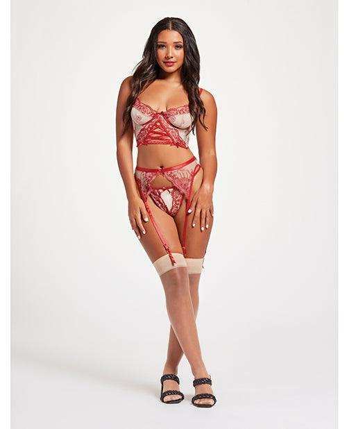 Sheer Stretch Mesh w/Floral Contrast Embroidery Bustier, Garter Belt & Thong Red/Nude SM -