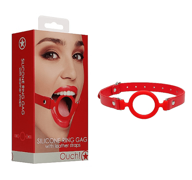 Silicone Ring Gag w/ Leather Straps Red -